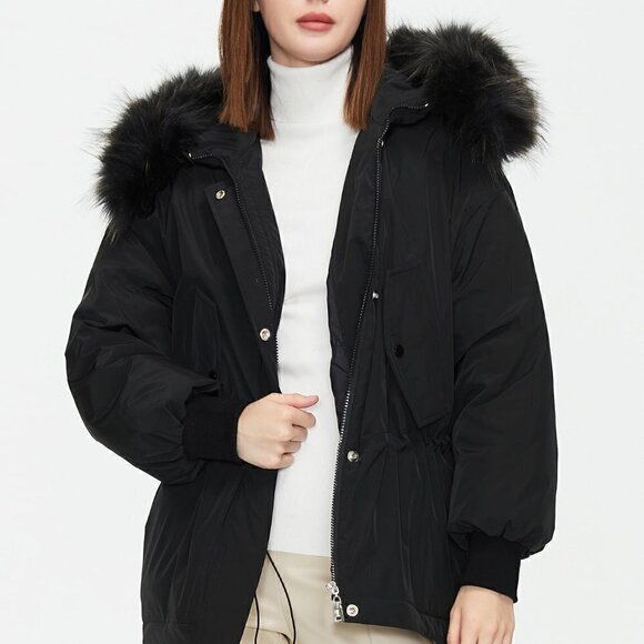 . Jackets & Blazers - Black Preppy Womens Flap Pocket Hooded Parka Coat